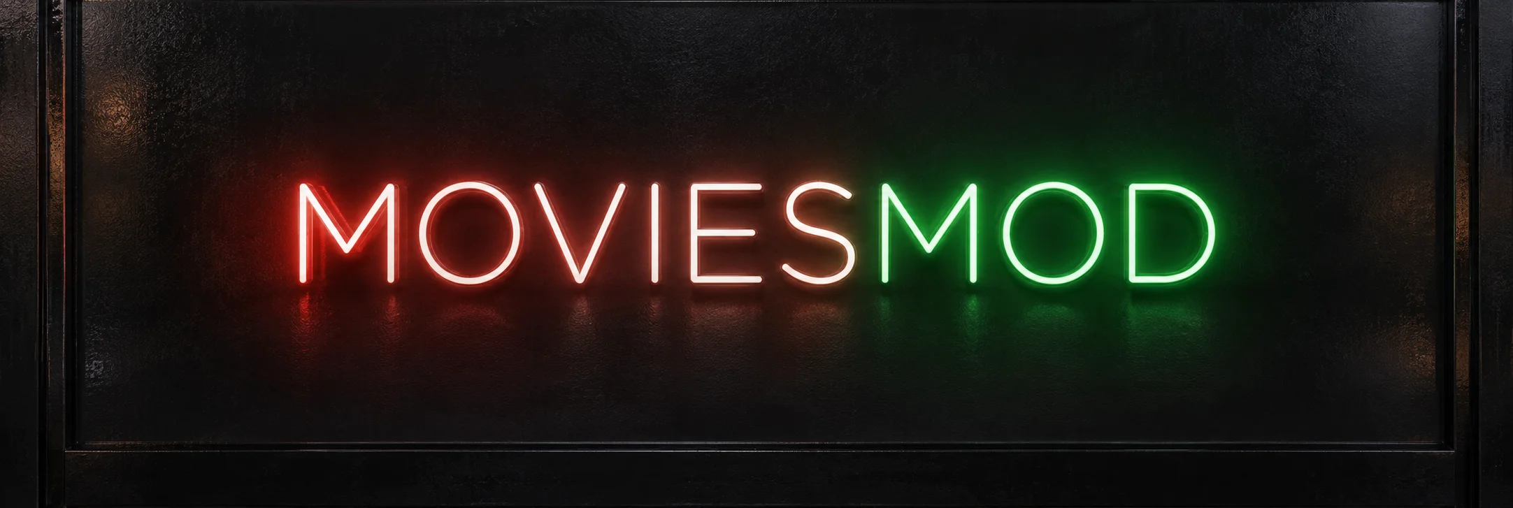 MOVIESMOD illuminated in red-white and green on dark glass